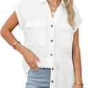 Sidefeel Women's Denim Shirt Button Down V Neck Short Sleeve Jean Shirts Trendy Casual Loose Denim Tops with Oversized Fit (White, S)
