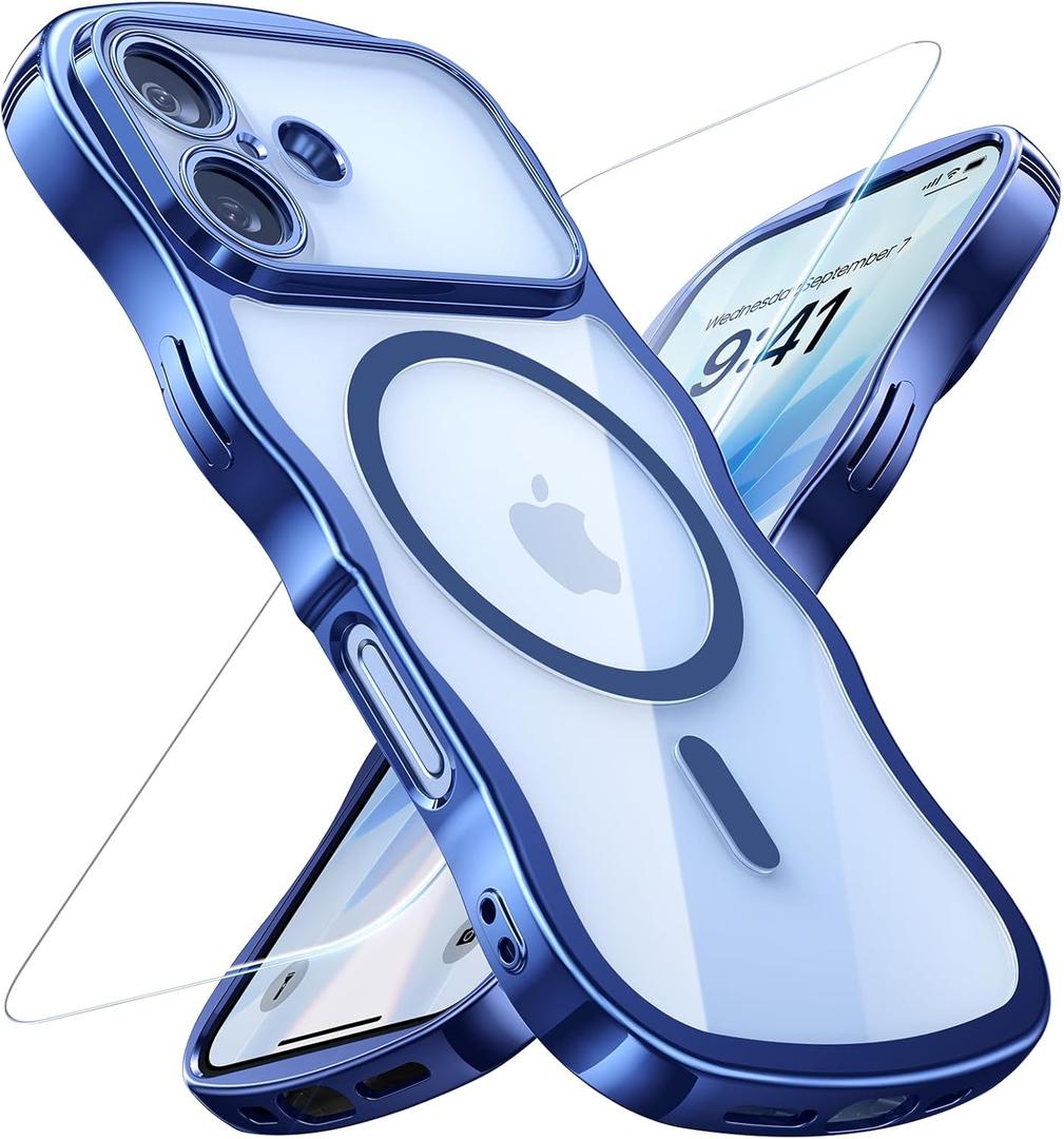 for iPhone 17 Case: [Cute Wave Frame][Fit for MagSafe] Military Drop Shockproof Protection, Camera Protective, Glossy Slim Magnetic Wavy Phone Cover for Women Girls 6.3'', Clear/Blue