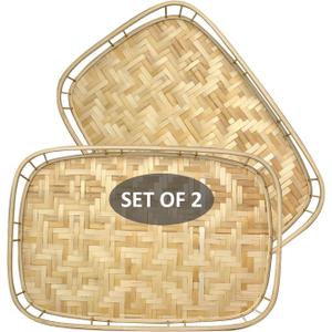 PEMAR Large Bamboo Wicker Serving Trays Set of 2 19.3 x 13.8 Rectangular Hand-Woven Lap/Breakfast Trays with Handles Rustic & Decorative Kitchen, Coffee Table & Bed Tray