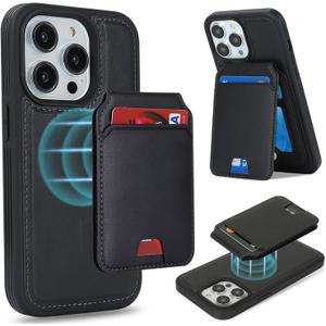 for iPhone 15 pro Wallet Case magsafe Compatible with Card Holder for Women Men 2 in 1 Detachable Magnetic Shockproof Phone case Stand Leather Credit Card Slots-Black