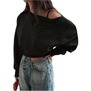SweatyRocks Women's Off The Shoulder Sweatshirt Casual Long Sleeve Pullover Crop Tops (Black) S