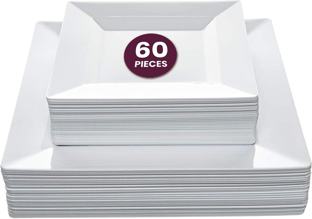 Aya's 60ct Square Plastic Disposable Plates, White - 9.5-Inch 30 Dinner and 6.5-Inch 30 Salad Plates for Party - Heavy-Duty Hard Plastic Design for Wedding, Event, Christmas, and Thanksgiving