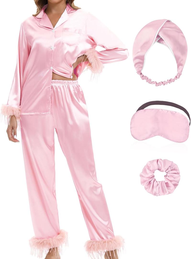 MORFORU Satin Pajama Set for Women Feather Trim Long Sleeve Pjs with Sleep Mask Headband Scrunchie Sleepwear Lounge Set (Large, Pink)