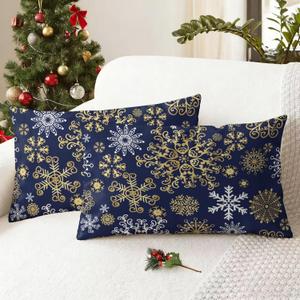 CaliTime Christmas Throw Pillow Covers Decorative 20 X 12 Inches Pack of 2 Cozy Fleece Snowflakes Cushion Cases for Couch Sofa Bed Living Room Navy Blue
