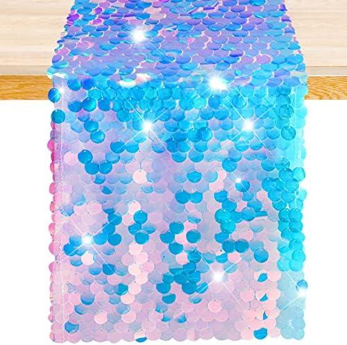 3 Pack Mermaid Party Table Runner 12 x 84 Inches Mermaid Tail Scales Table Runner Glitter Holographic Sequin Table Cover for Ocean Under The Sea Party Decorations Mermaid Party Supplies