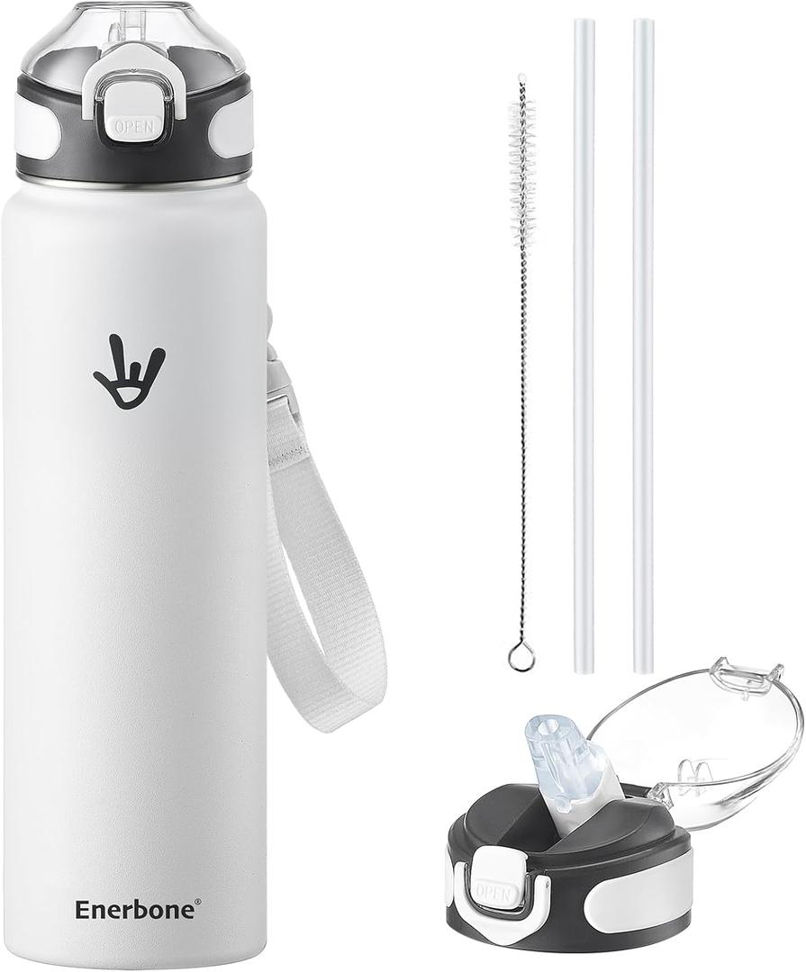 Enerbone 32 oz Insulated Water Bottle, Stainless Steel Bottle with Carrying Strap, Double-Wall Vacuum Insulation Design, Leakproof Sports Bottle with Straw, Keep Drinks Cold or Hot for Hours