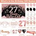 27th Birthday Decorations for Women, 49pcs Black Rose Gold Black Happy 27th Birthday Banner, Tablecloth, Butterfly Decor, Sash and Tiara, Cake Topper, Candles, Balloons Arch