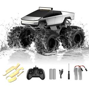 Amphibious Remote Control Car, 1:18 Monster Truck Toys for Boys RC Cars, 2.4 GHz Waterproof RC Trucks, 4WD All Terrain Off-Road Pickup, Kids Christmas Birthday Gifts Present Boys Girls Toys Ages 6+ (Silver)