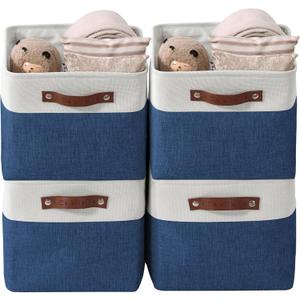 DECOMOMO Storage Baskets for Shelves - Fabric Storage Bins, Linen Closet Organizers and Storage (Navy Blue & White, Large - 4 Pack)
