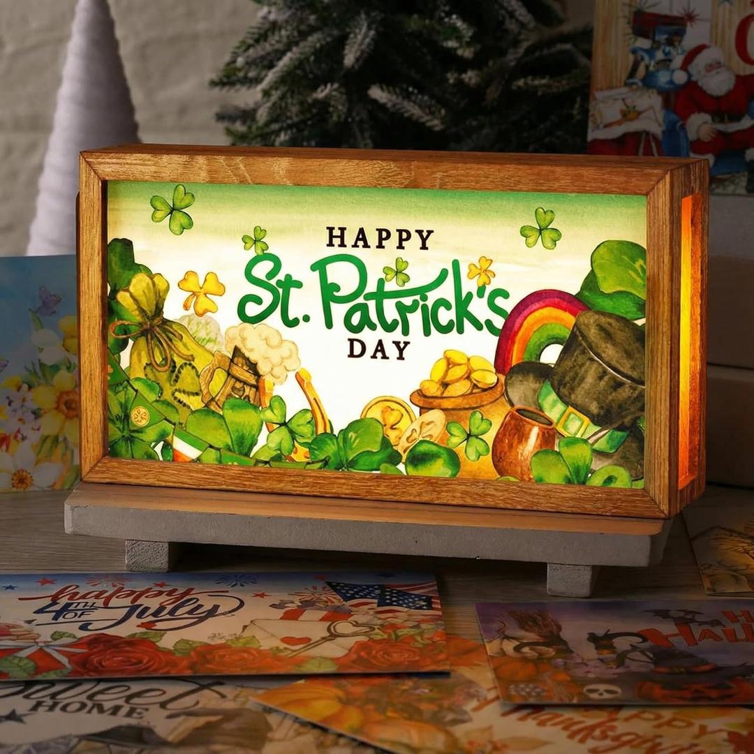 17 Pcs Interchangeable Holiday Season Sign Fall Thanksgiving Christmas Winter Night Light Shadow Box LED Welcome Wood Sign for Table Decorative Wooden Seasonal Decorations Ornament Gifts