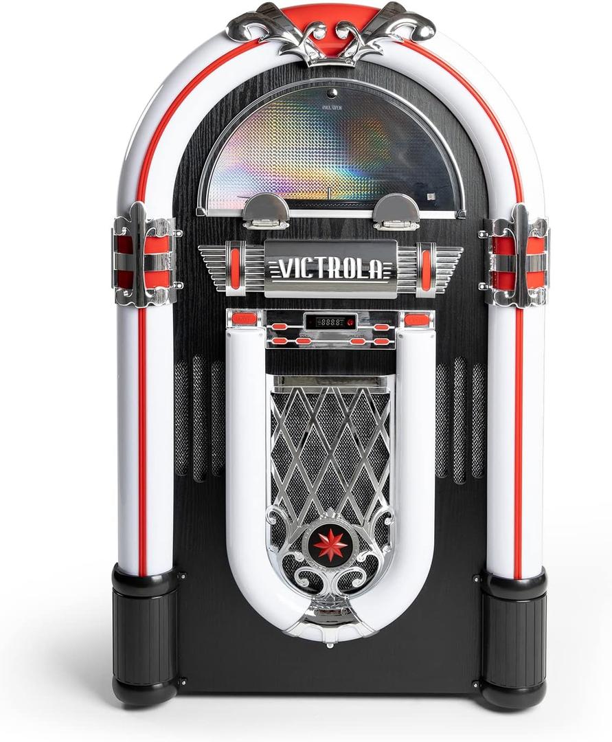 Victrola Mayfield Full Size Jukebox, 3-Speed Belt Driven Turntable with Stereo Speakers & Subwoofer, Wireless Bluetooth Music Streaming, FM Radio, Premium Cartridge, LED Lights, Easy Setup