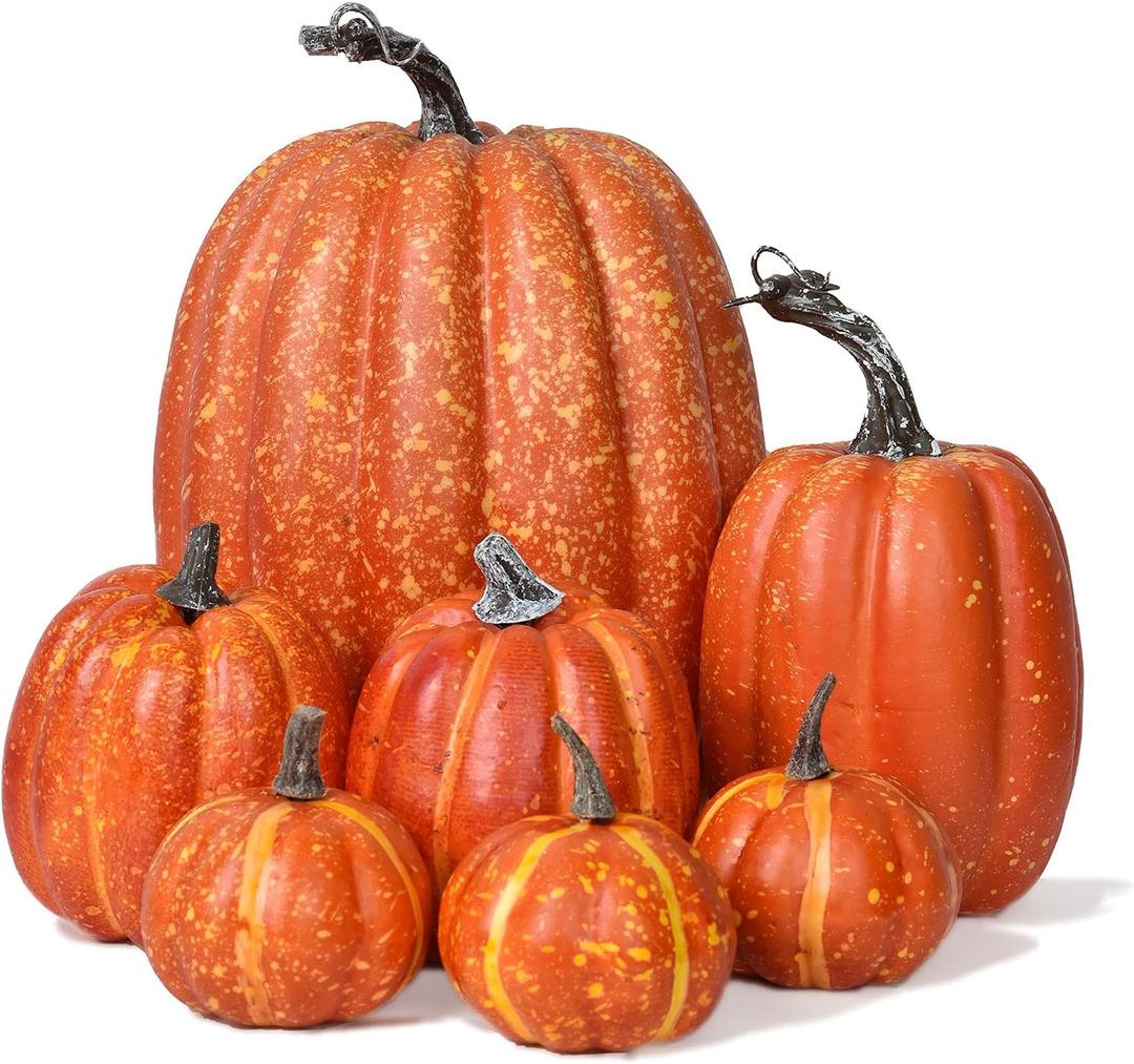 Lvydec Artificial Pumpkins Set Harvest Decoration, 7pcs Assorted Size Orange Pumpkins Realistic Large Pumpkins for Halloween Thanksgiving Autumn Festive Party Supplies (Orange)