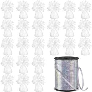 Yunsailing 24 Pcs Heavy Balloon Weights Metallic Anchor, 0.33 lb (5.3 oz) Each Table Weight and 1 Roll Iridescent Ribbon for Outdoor Wedding, Graduation, Birthday Party Decorations(Silver, White)