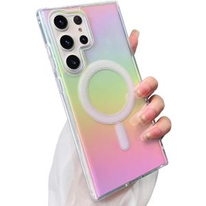 SAKUULO Magnetic Case for Samsung Galaxy S23 Ultra Compatible with Magsafe, Bling Laser Iridescent Florescent Crystal Sparkly Luxury Shockproof Protective Cover for Women Men