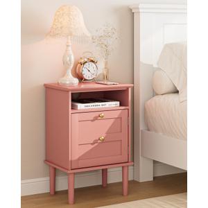 Nightstand, Boho Night Stand with 1 Drawers, Modern Side Accent Table with Open Shelf, Wooden Top Bedside End Table for Bedroom, Living Room, Pink