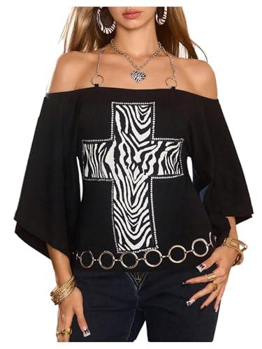 WDIRARA Women's Goth Cross Graphic T-Shirts Off Shoulder Tee Short Sleeve Grunge Punk Top Black Large