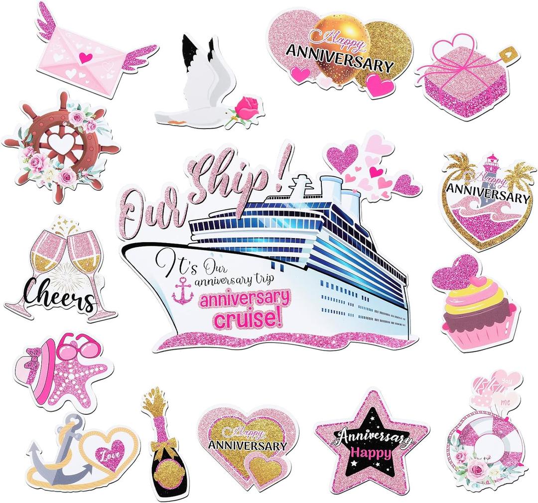Oudain 15 Pcs Anniversary Cruise Door Decorations Magnets Cruise Door Decor Fridge Magnet Stickers Decals Anniversary Sign for Honeymoon Party Refrigerator Car