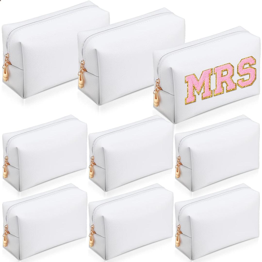 Sanwuta 9 Pcs Makeup Bags Bulk PU Double Zippers Cosmetic Bag Makeup Toiletry Small Pouch Portable Travel Organizers Case for Women Bridesmaid Proposal Gifts(White)
