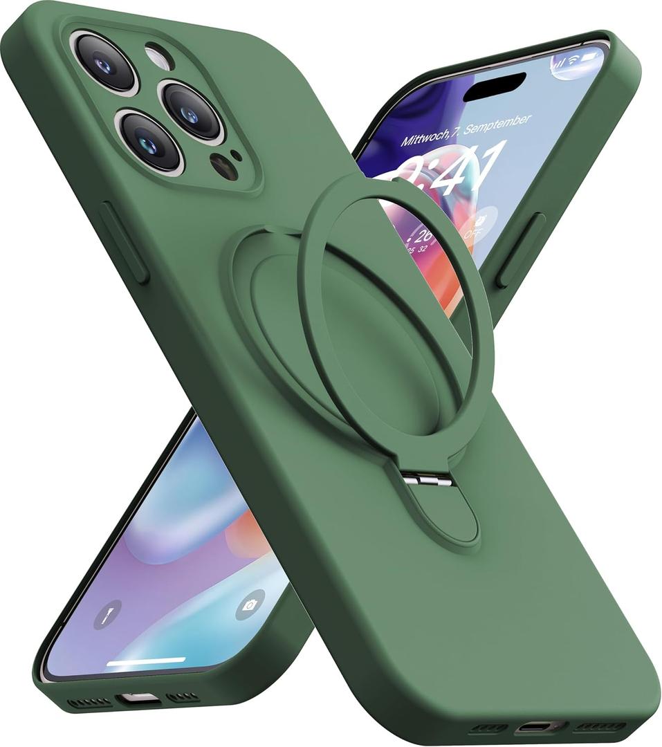 Magnetic Stand for iPhone 15 Pro Case, Liquid Silicone Case, [Compatible with MagSafe][Built-in Kickstand&Ring Holder] Anti-Scratch Soft Microfiber Lining, Midnight Green