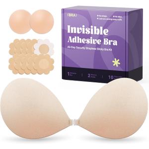 Invisible Strapless Sticky Bra Push up for Women, Ultra Adhesive Bra for Backless Dress, Cleavage Bra Lift Novelty Bras (D Cup, Beige)