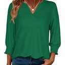3/4 Length Sleeve Womens Tops Business Casual Blouses V Neck T Shirts with Puff Sleeve 2026, Green Color, L