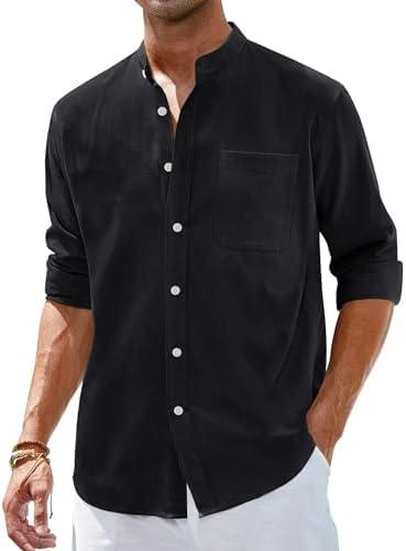 Alimens & Gentle Men's Cotton Linen Shirts Long Sleeve Button Down Shirt Band Collar Beach Shirts 5XL