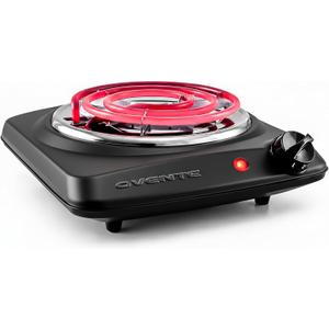 OVENTE Electric Countertop Single Burner, 1000W Cooktop with 6" Stainless Steel Coil Hot Plate, 5 Level Temperature Control, Indicator Light, Compact Cooking Stove and Easy to Clean, Black BGC101B