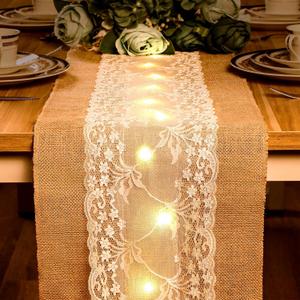 Burlap Table Runner with LED String Lights Rustic 12 x 108 Christmas Tablecloth Lighted Table Runner Farmhouse Decor for Wedding Bridal Shower Xmas Holiday