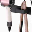 Hair Dryer Holder Wall Mounted, Stainless Steel Blow Dryer Holder for Bathroom, Hair Dryer and Straightener Holder Adhesive or Drilling, Hair Tool Organizer for Salon Barber Shops Black BANJEKT