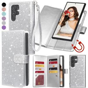 Varikke for Galaxy S25 Ultra Wallet Case Detachable with RFID Blocking Card Holder for Women, Glitter Leather Strap Magnetic Flip Removable Phone Case for Samsung Galaxy S25 Ultra 6.9", Silver