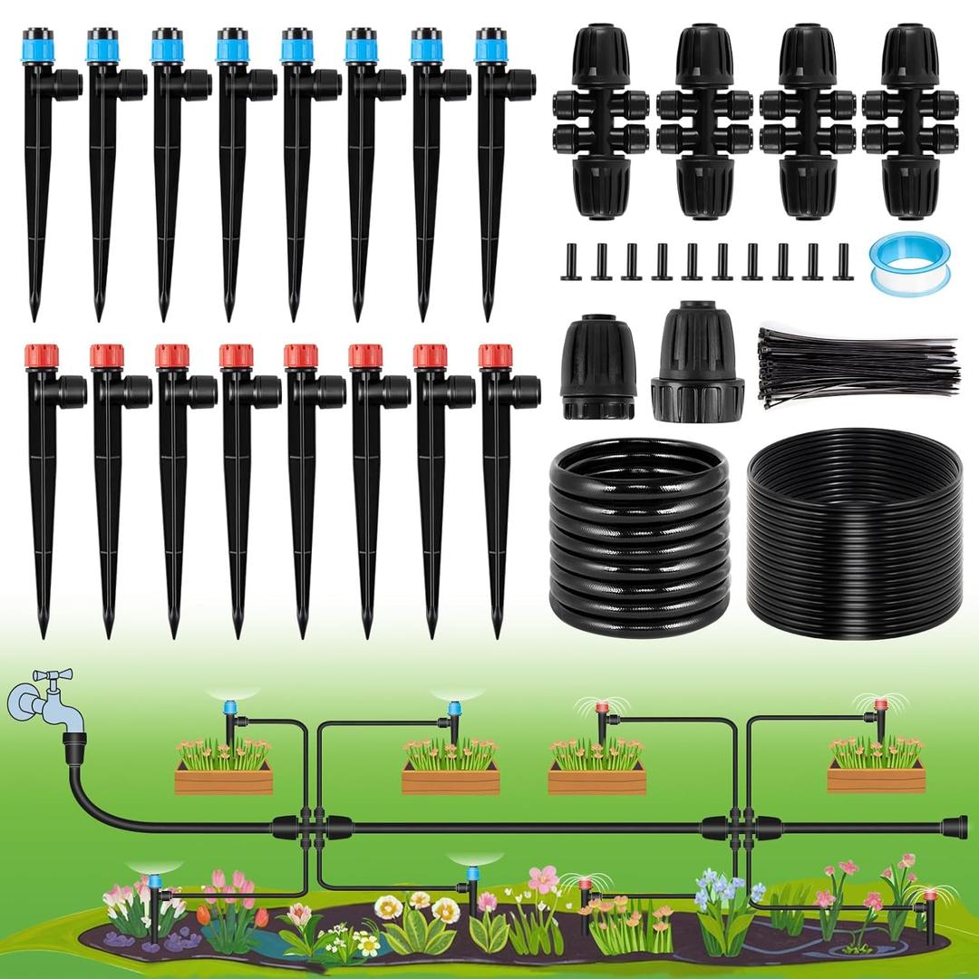 95.5FT Drip Irrigation System Kits - Automatic Garden Watering Sprinkler with 1/2 & 1/4 inch Tubing Hose Patio Misting Plant Irrigation Water Equipment Quick Connector for Greenhouse Flower Beds Lawn