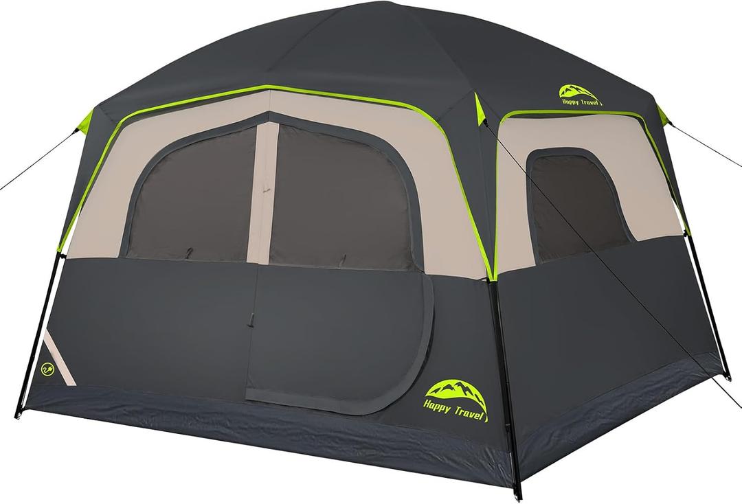 Happy Travel Tent 6 Person Tents for Camping, Waterproof Easy Setup Camping Tent with Rainfly, Portable Large Family Cabin Tent with 5 Large Mesh Windows and Carry Bag for Outdoor Camping & Hiking (Black)