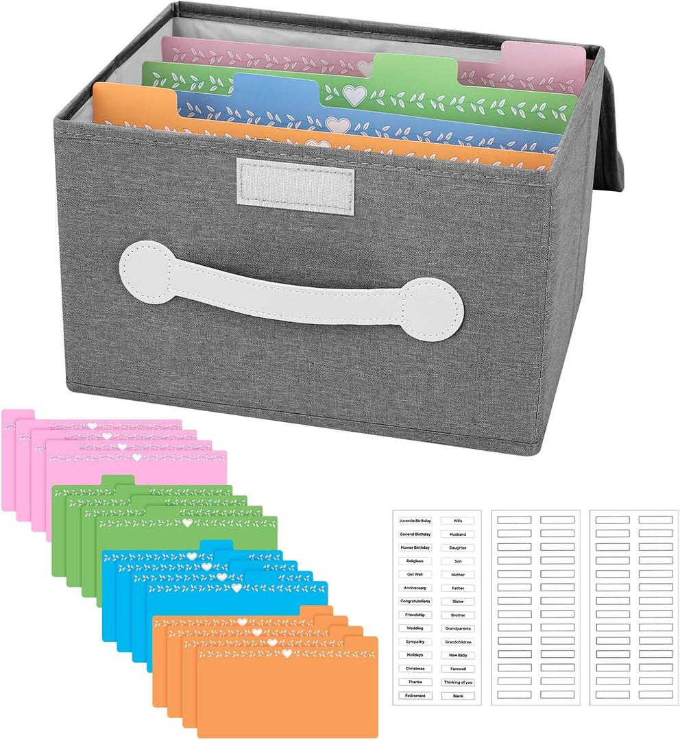 Greeting Card Organizer Box with 16 Dividers,Collapsible Greeting Card Storage Box With LidsIdeal for Greeting Cards,Recipes, Photos, Envelopes, KeepsakeGrey84 Pcs Labels