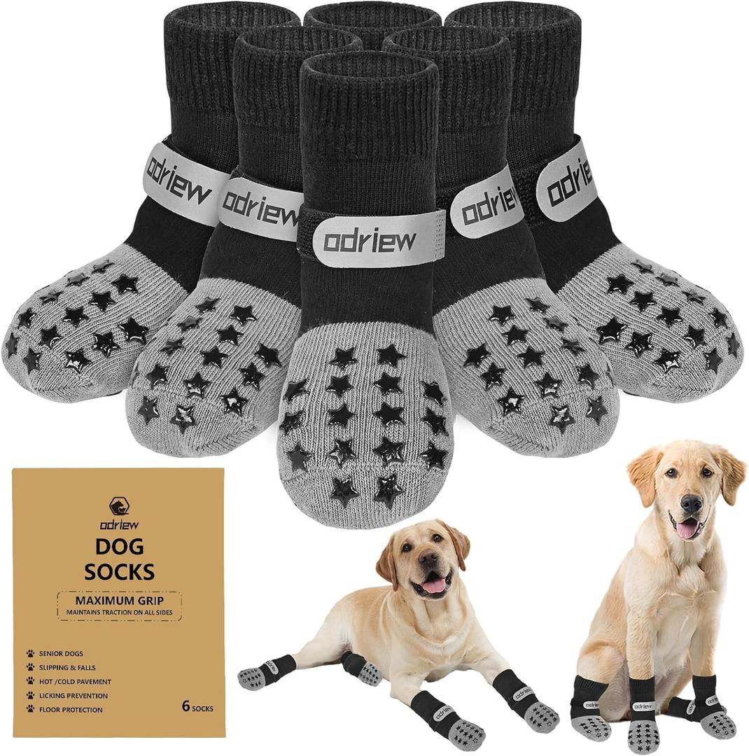 Non Slip Dog Socks to Prevent Licking Paws, Double Sided Grips, Dog Socks for Hardwood Floors Anti Slip, 3Pcs with Elastic Reflective Straps for Small, Medium, Large, Senior Dogs. (Grey, S) (S, Grey)