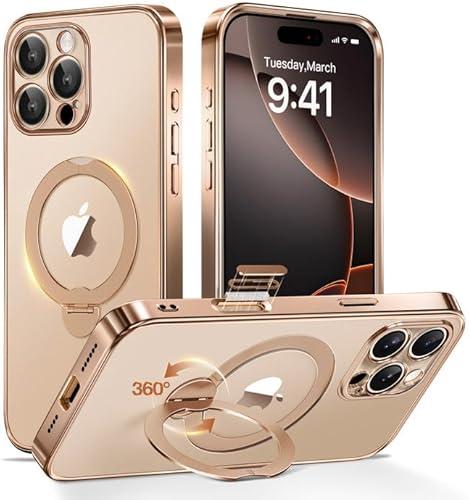 Desert Titanium for iPhone 16 Pro Case with 360° Spin Magnetic Stand,[Compatible with Magsafe] [Military Protection][Built-in Ring Holder] Camera Control Phone Case for 16 Pro,Rose Gold/Clear