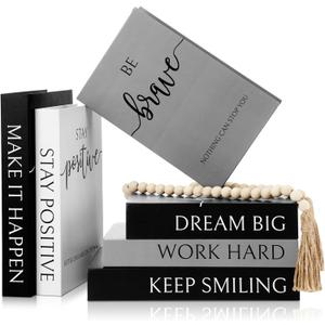 Menkxi 6 Aesthetic Decorative Books Set with Tassel Wood Bead Motivational Table Decor Encouragement Faux Book with Inspirational Design for Home Coffee Table Modern Decoration Photo Storage Box