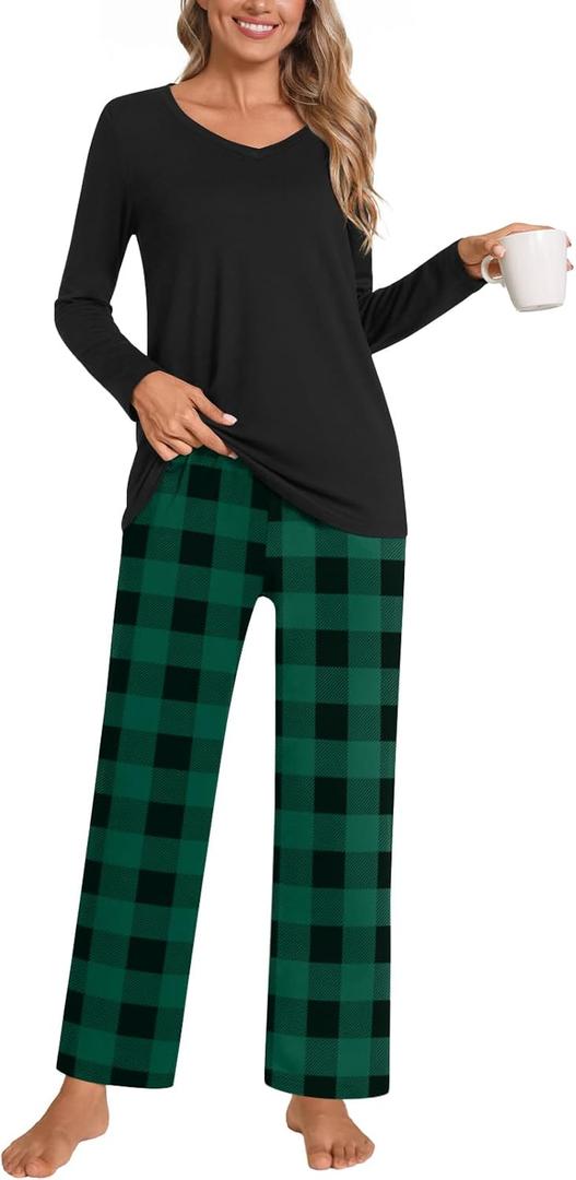 Anymiss Women's Spring Pajama Sets Winter Long Sleeve Lounge Sleepwear with Pockets (Large, Green Plaid+black)