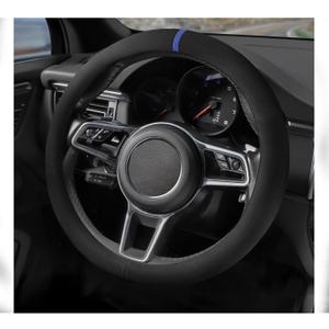 SthExtra Suede Steering Wheel Cover with Upgraded Silicone Inner Ring, Breathable, Anti-Slip, Leather Universal 14.5 to 15 Inch Steering Wheel Cover (Black with Blue Mark)