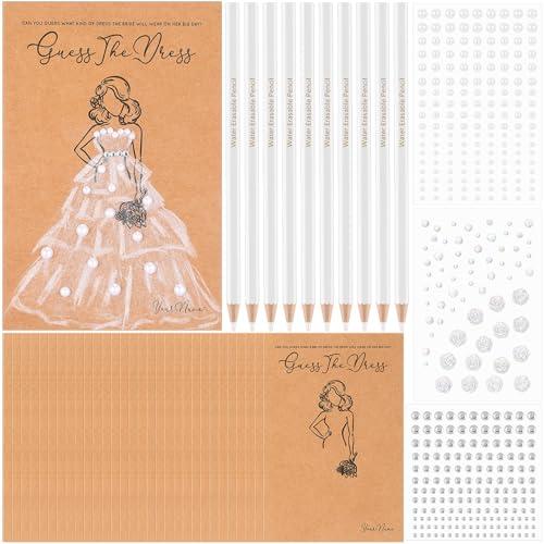 Sinload 60 Sets Guess the Dress Bridal Shower Games for Guests Include 60 Wedding Shower Games Cards 60 Water Soluble Pencils with Rose Pearl Gem Stickers Fun Wedding Party Favor Supplies
