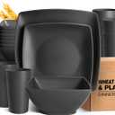 Teivio 32-piece Plastic Wheat Straw Square Dinnerware Set for 8, Unbreakable Dinner Plates, Salad Plates, Snack Bowls, Tumblers, Dishwasher Safe, Black