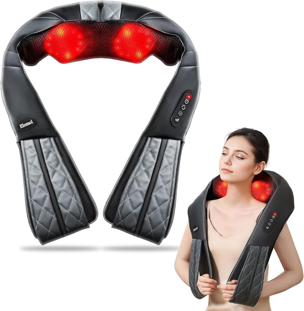Elomol Neck Shoulder Massager with Heat - Rechargeable Back and Neck Massage Pain Relief Deep 5D Tissue Shiatsu Kneading Massager for Shoulder Back Leg Gifts for Mom Dad Men Women Her Him