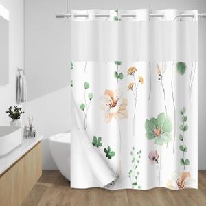 No Hook Shower Curtain with Snap in Liner - Floral Shower Curtain - Fabric Waterproof Inner Liner, Plants Watercolor Sage Green Modern Cloth Shower Curtains - Machine Washable, 71 x 77