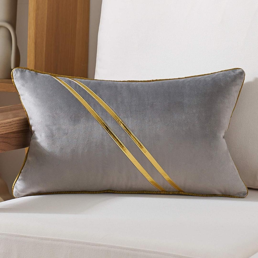 Avigers 12 x 20 Inch Gray Gold Leather Striped Lines Velvet Cushion Case Luxury Modern Throw Pillow Cover Decorative Pillow for Couch Living Room Bedroom Car