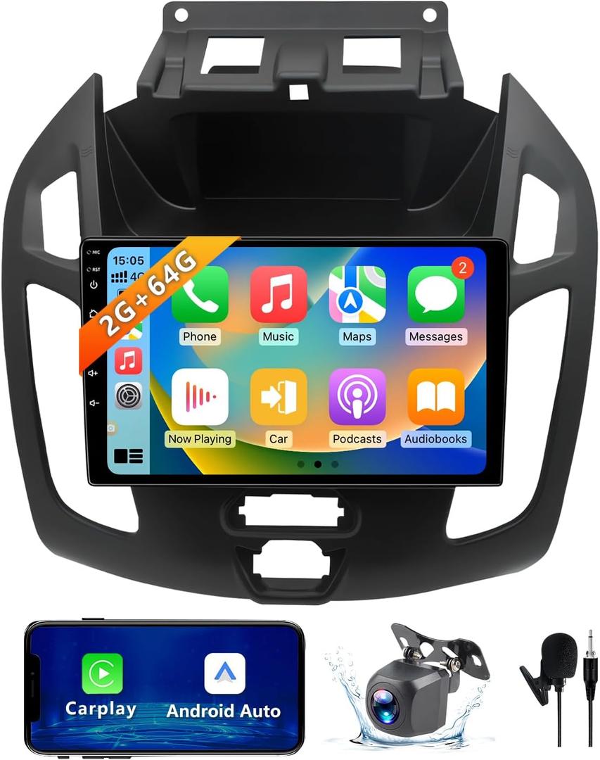 2+64GB Car Radio Stereo Compatible with Ford Transit Connect 2014-2018, 9 Inch Android 13 Touch Screen Car Radio with CarPlay/Android Auto, GPS FM WiFi Bluetooth Backup Camera