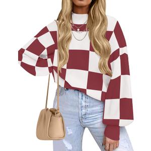 ZESICA Women's 2026 Spring Fashion Turtleneck Long Sleeve Striped Ribbed Knit Loose Pullover Sweater Tops, Large