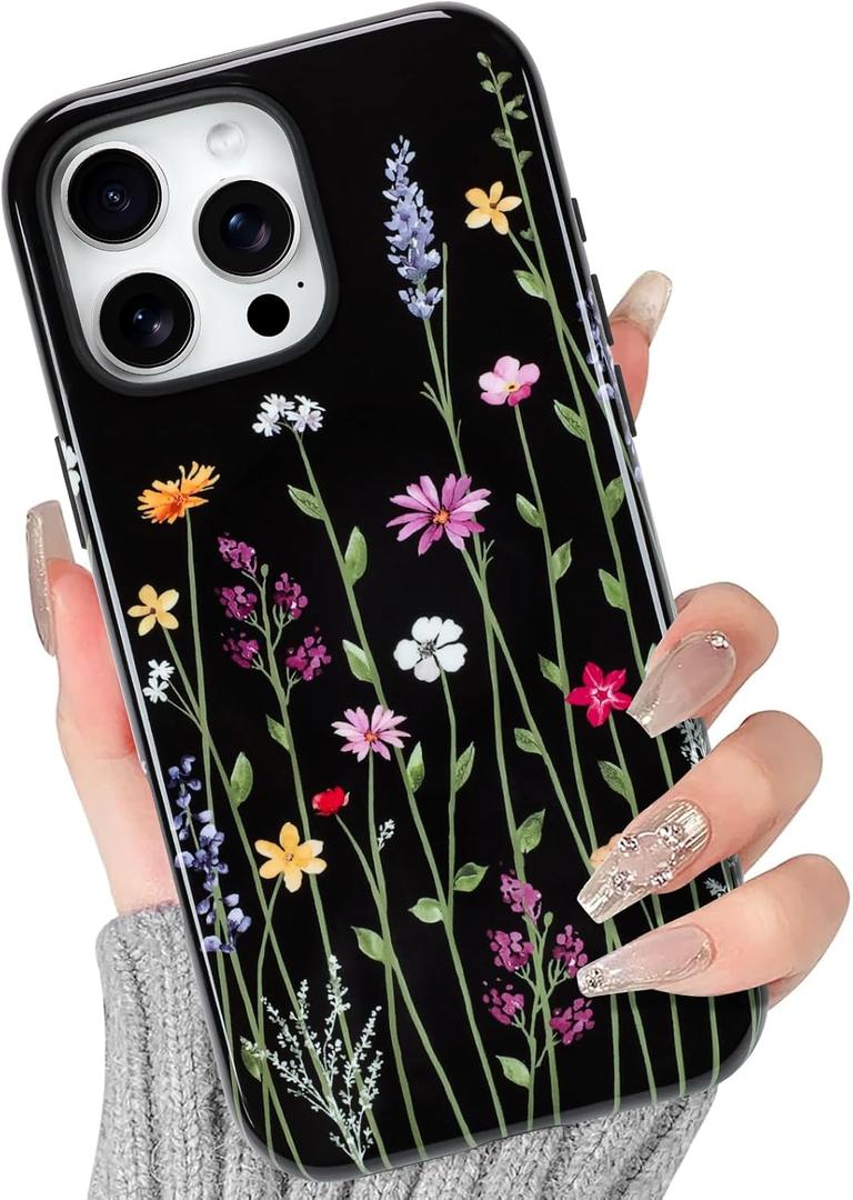 BITOBE Case for iPhone 16 Pro [Compatible with MagSafe] Floral Flowers Design Bold Protective Phone Cover Magnetic Cute Trendy Case for Women Girls - Black Floral