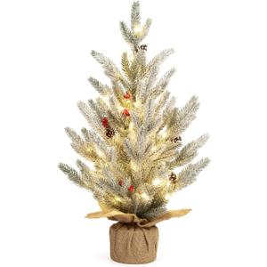 GarveeHome 2 Ft Table Top Christmas Tree, 24 Inch Artificial Small Christmas Tree with 50 LED Lights, Pre-Lit Snow Flocked Mini Xmas Trees Table Centerpiece for Dining Room Office Desk Decorations