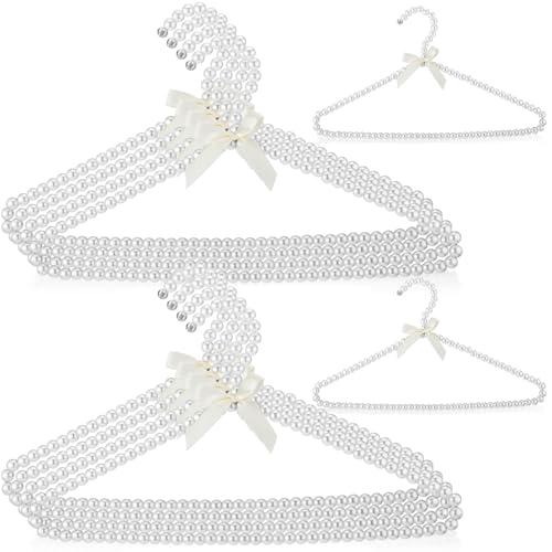 Threan 10 Pcs 16 Inch Pearl Clothes Beaded Clothing Hanger with Ribbon Bowknot Metal Elegant Clothes Standard Hanger for Women Bride Wedding Dress Coat Shirt (White)