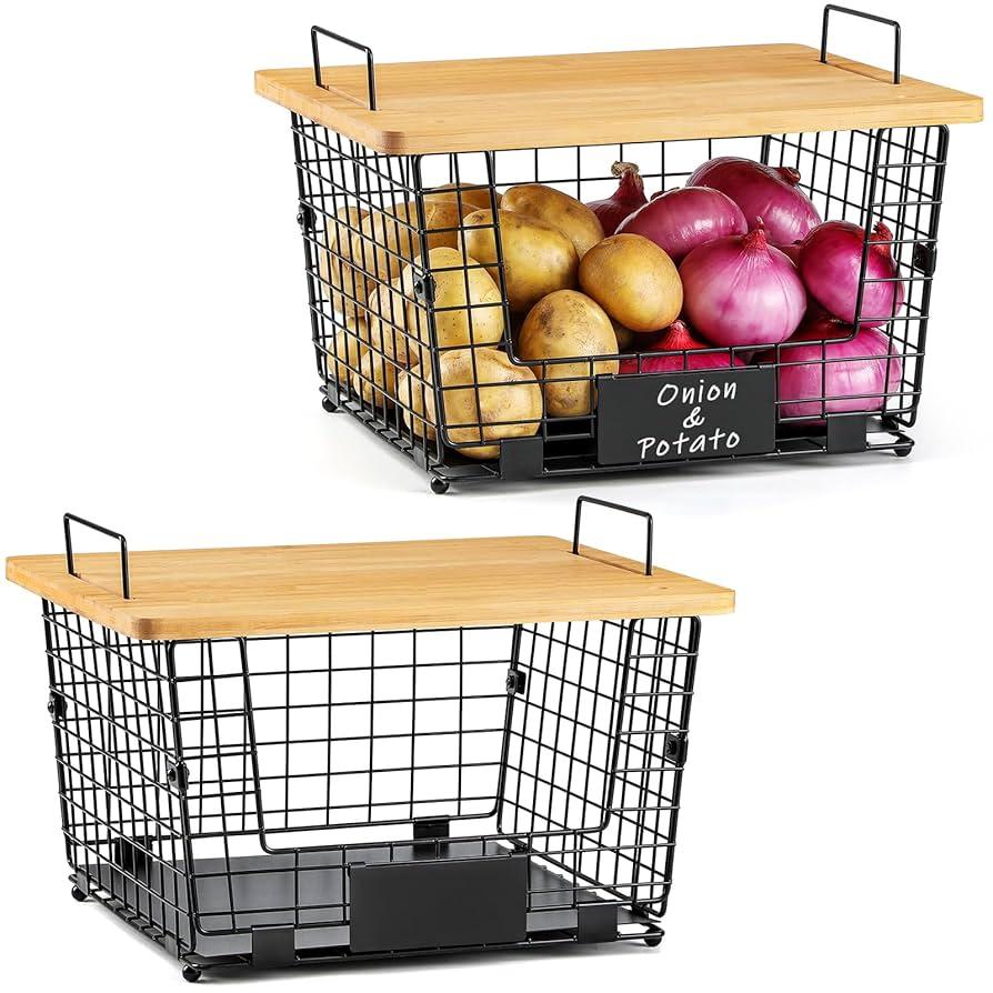 2 Set XXL Stackable Wire Basket with Bamboo Tops & Tag- Pantry Organizer and Storage Bins, Kitchen Counter Cabinet Shelf Countertop Under Sink Organizing, Food Snack Produce Onion Potato Bread Storage