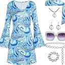 70s Disco Outfit Women, 7 PCS 70's Disco Dress Costume Hippie Clothes Accessories Jewelry Halloween L